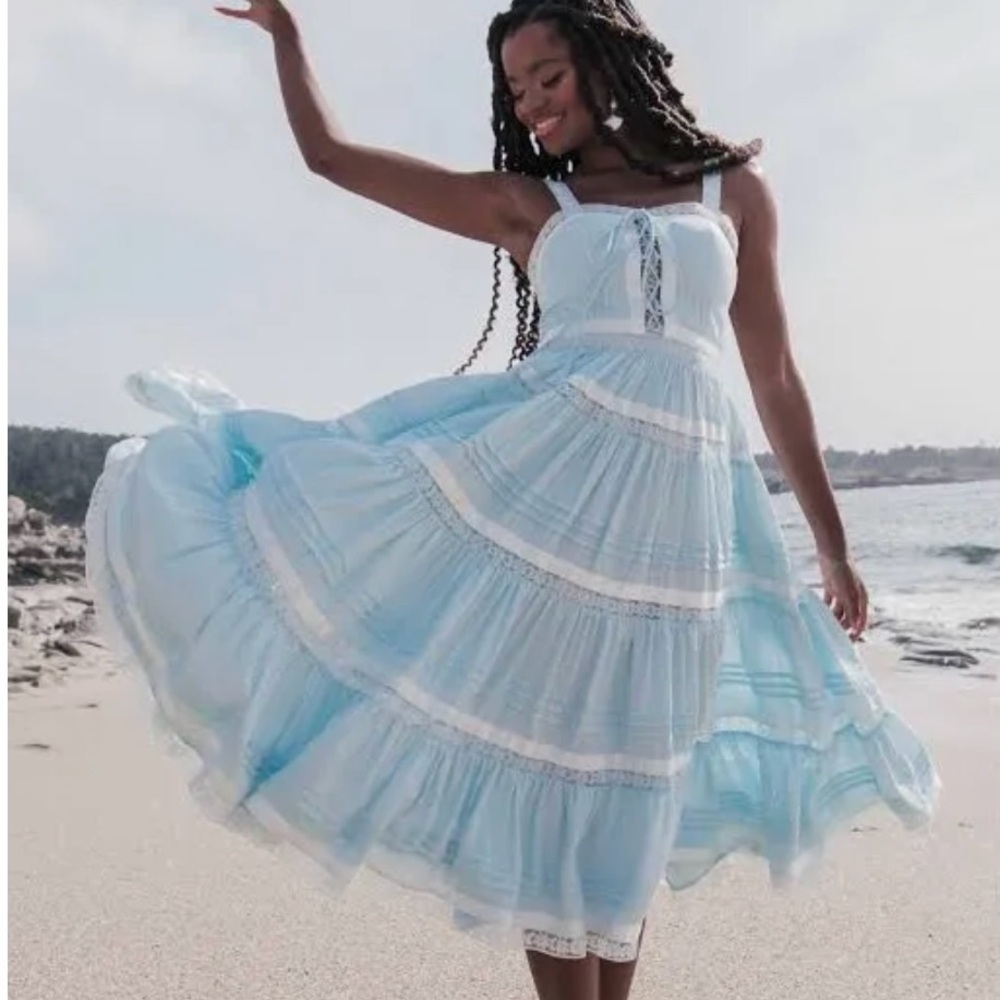 JessaKae Light Blue Tiered Lace-Trim Sundress